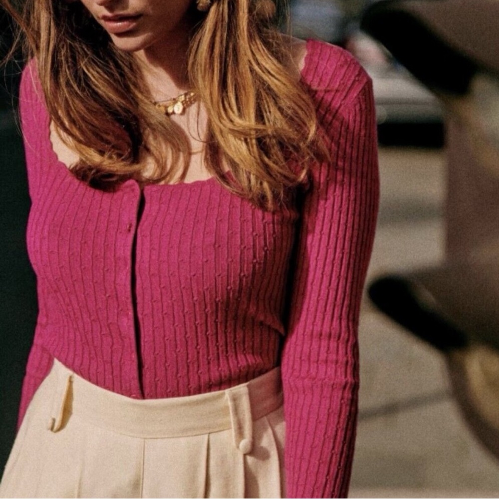 Sezane Ambroise Cardigan Sweater Button Long Sleeve Pointelle Top Bright Plum